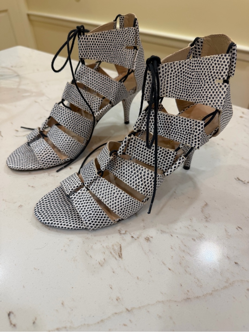 Loeffler Randall Black & White Dot Lace-Up Leather Heels